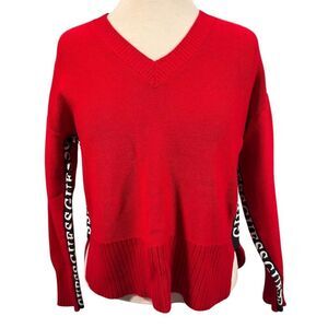 Vintage Guess Women's V-Neck Red Sweater Logo Tape Sleeves Size Small